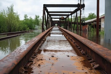 Fototapeta premium Flooded Rusty Railroad Tracks Underneath An Old Bridge