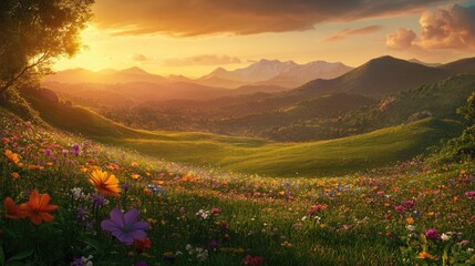 Vibrant Sunset Landscape with Flowering Meadow and Distant Mountains