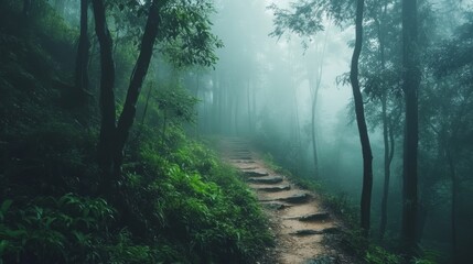 Obraz premium Misty Morning in a Dense Forest Pathway