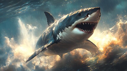 Great white shark breaching water, dramatic lighting.