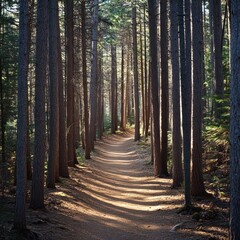 Fototapeta premium A path in the middle of a dense forest, a narrow and winding path with tall trees.