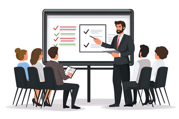 Fototapeta premium A flat vector illustration of a business team listening to a male teacher presenting education and learning concepts with a checklist on a large screen. The scene is set in a professional environment 