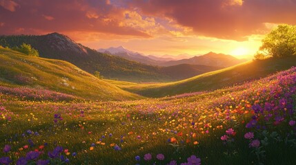 Vibrant Spring Landscape with Rolling Hills and Colorful Wildflowers