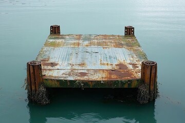 Rusted metal platform floats in calm water