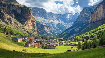 Fototapeta premium Serene Mountain Village Nestled in Lush Green Valley Landscape