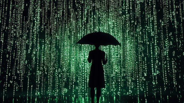 A striking silhouette of a person holding an umbrella in a rainstorm, composed entirely of glowing binary code, symbolizing the intersection of technology and human resilience in challenging condition