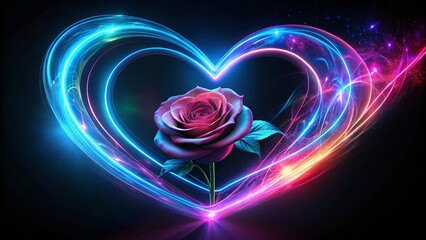 A single rose, blooming in a glowing heart shape with swirling light trails and shimmering stardust.