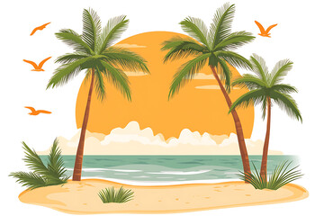 A flat vector illustration of palm trees on a beach in Mexico during summer, capturing the essence of relaxation and tropical beauty. The design is modern and minimalistic with a clean white backgroun