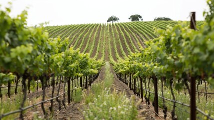 Naklejka premium Serene vineyard rows climb a hillside, reaching for a distant tree. Lush green vines stretch towards the sun, a picturesque landscape.