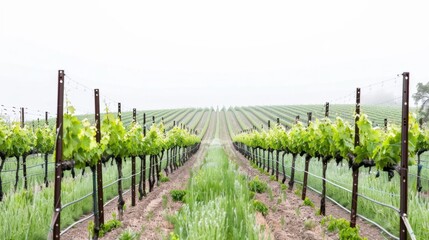 Misty Vineyard Rows: Serene rows of grapevines stretch towards a hazy horizon, creating a tranquil and picturesque scene.