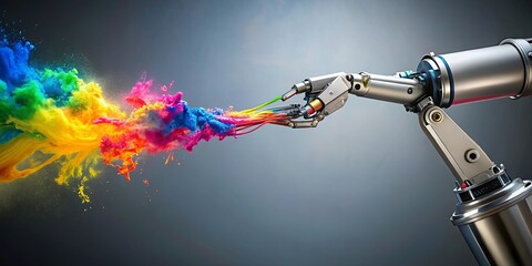 Fototapeta premium A robotic hand, an intricate mechanical marvel, releases a vibrant explosion of colorful powder, symbolizing the potential of innovation and creative expression.