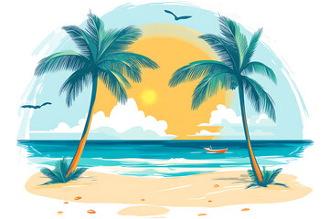Obraz premium A flat vector illustration of palm trees on a beach in Mexico during summer, capturing the essence of relaxation and tropical beauty. The design is modern and minimalistic with a clean white backgroun