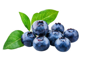 a cluster of fresh blueberries with green leaves isolated on a transparent background