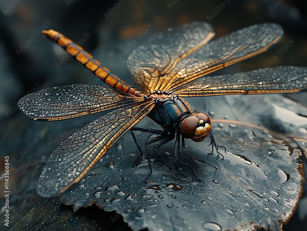 Aufkleber a detailed close-up of a dragonfly resting on a wet surface, showcasing its vibrant colors.