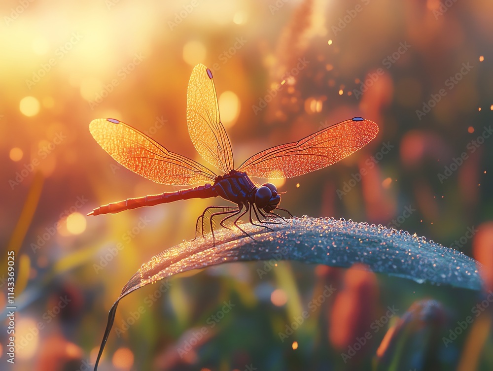 Poster a close-up of a dragonfly resting on a dew-covered leaf during a serene sunset.
