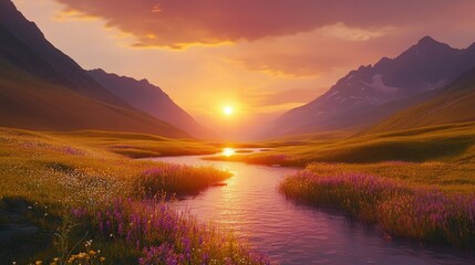 Fototapeta premium Serene Landscape with Colorful Flowers and Majestic Mountains at Sunset