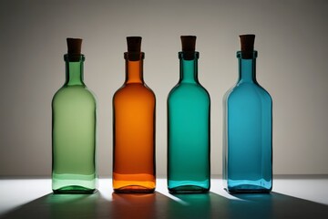 three bottles of different colors are lined up on a table
