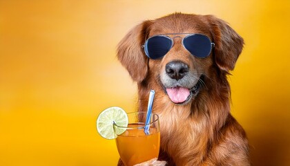 Adorable dog donning shades, holding a beverage, having a great time on vacation