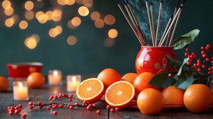 Relaxing Aromatic Experience Cozy Home Still Life Photography Warm Ambience Close-Up Citrus and Incense Harmony