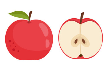 Red apple whole and slice. Healthy food vector illustration in flat design