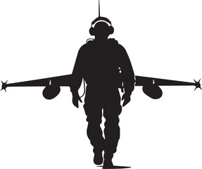 Silhouette of a pilot walking in front of airplane vector silhouette © Nazia