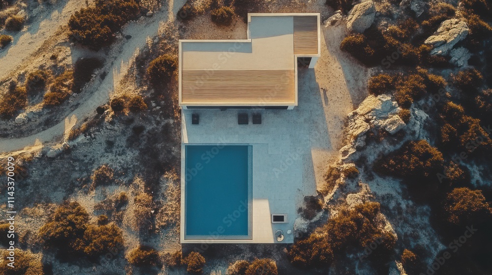 Poster aerial view of a modern house with a pool surrounded by rocky terrain.