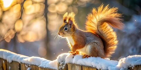 A red squirrel, with a fluffy tail lit by the golden glow of a winter sunset, sits atop a snow-covered fence, its blue eyes reflecting the warmth of the fading light.