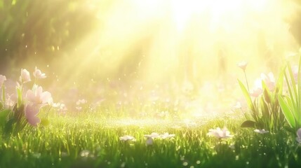 Obraz premium Soft Sunlight Over Blooming Flowers in a Tranquil Meadow Scene