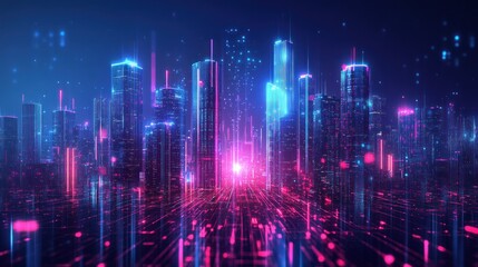 Cyberpunk Cityscape with Neon Lights and Digital Grid