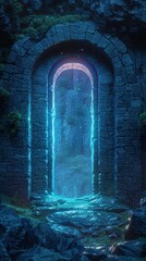 Enchanted Archway Leads to a Mysterious Glowing Realm   A fantastical digital depicting an ancient stone archway that opens up to a magical misty landscape with a glowing ethereal atmosphere