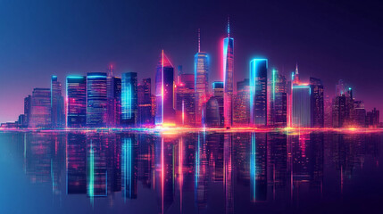 abstract ultra modern light effect of cityscape featuring sleek modern architecture illuminated by vibrant neon lights, Vibrant Futuristic City Skyline at Night with shiny and glowing neon lights.