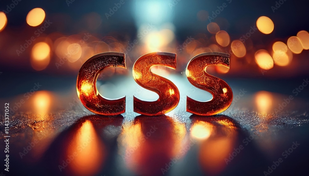Poster stylized 3d text of 'css' with glowing bokeh background