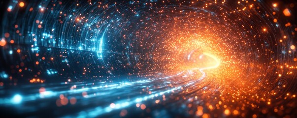 Naklejka premium Futuristic Digital Landscape with Vibrant Light Trails and Glowing Particles in Cyberpunk Style