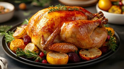 Golden roast turkey garnished with herbs and citrus fruits on a black platter.