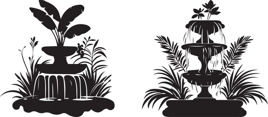 Silhouette of Water Fountain surrounded by plants with water flowing vector silhouette