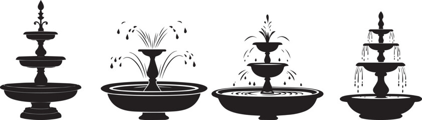Silhouette set of Water Fountain surrounded by plants with water flowing vector silhouette