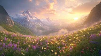 Fototapeta premium Majestic Sunrise Over a Colorful Flower Field with Mountain Range
