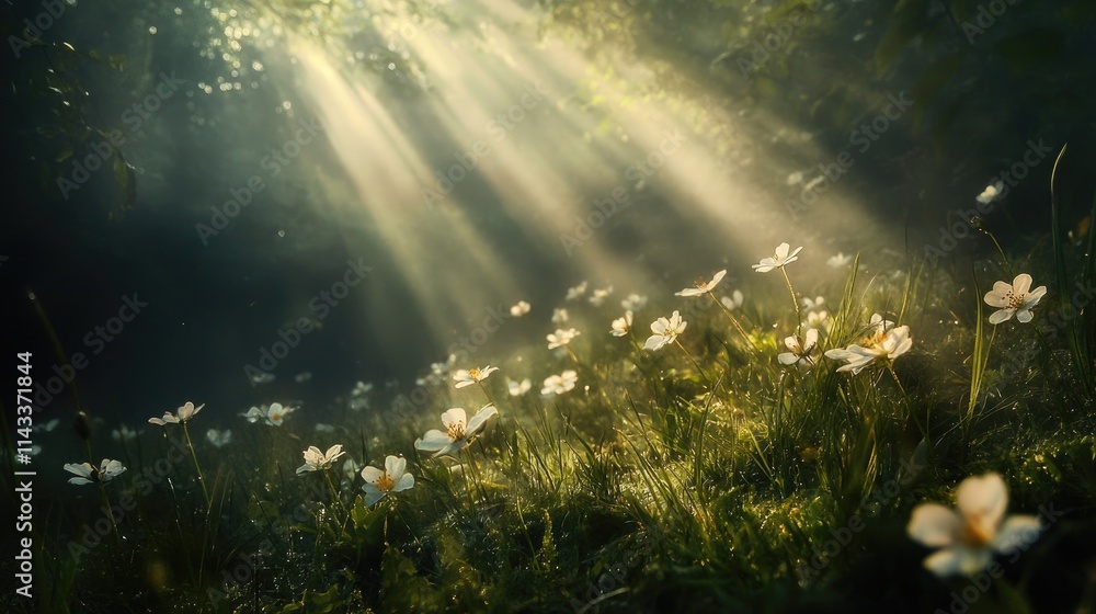 Poster Sunlight Filtering Through Trees Illuminating a Flower Meadow