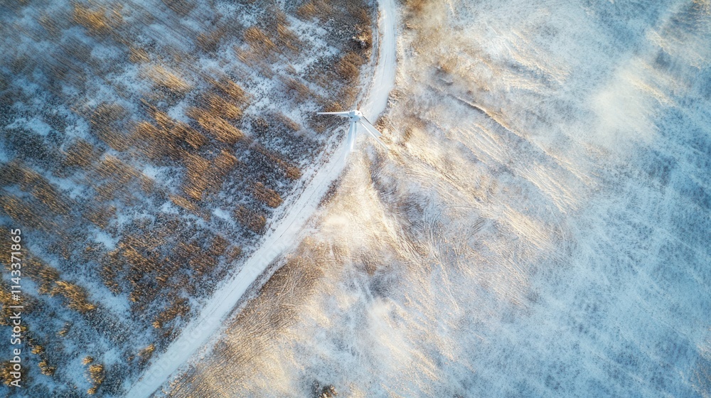 Poster Aerial view of a snowy landscape with patterns created by wind and vegetation.