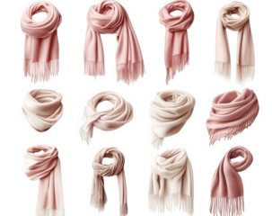 a collection of 12 pink and white scarves on a transparent background. showcasing different ways to tie a scarf