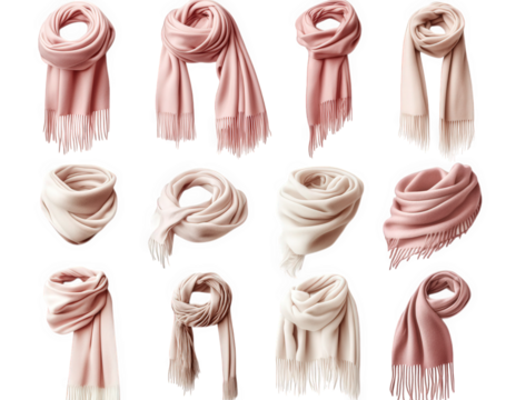 a collection of 12 pink and white scarves on a transparent background. showcasing different ways to tie a scarf