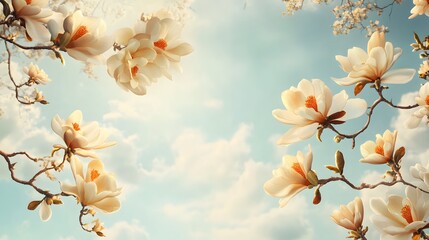 Fototapeta premium Delicate Magnolia Blossoms Against A Sunny Sky