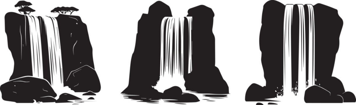 Silhouette of waterfall cascading over a cliff edge into a lake vector silhouette