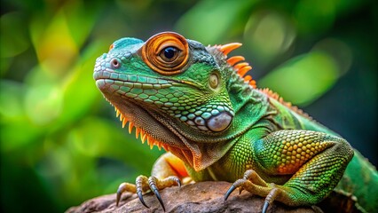 Fototapeta premium A Vibrant Green Lizard Perched on a Rock, Its Sharp Claws and Intricate Scales Gleaming in the Sunlight