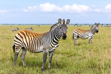 Herd of Zebras Grazing in Lush African Savanna with Expansive Sky