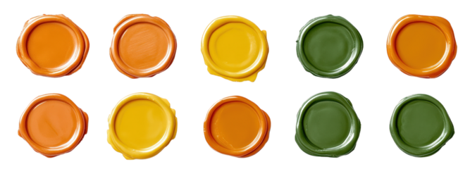 set of eight blank wax seals in three different colors - orange. yellow. and green. isolated on transparent background