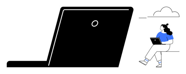 Large laptop with a person working on it, set against a minimalist background with a cloud. Ideal for remote work, productivity, technology, outdoor work, freelancing, digital nomad lifestyle, modern