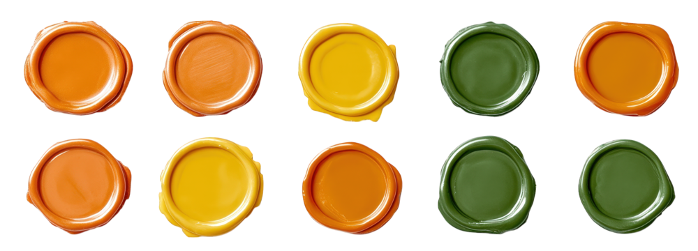set of eight blank wax seals in three different colors - orange. yellow. and green. isolated on transparent background