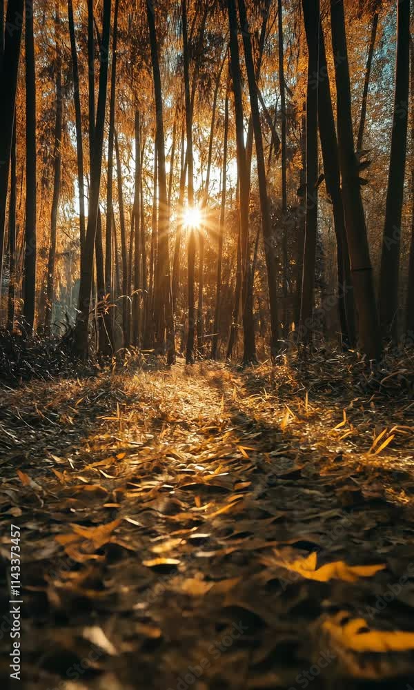 Poster golden sunlight filters through tall trees in a serene forest setting during autumn afternoon