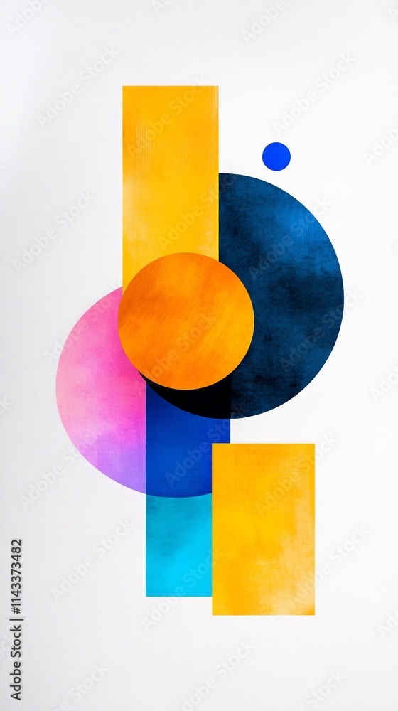 Poster surreal abstract geometric composition with overlapping pastel shapes and contrasts